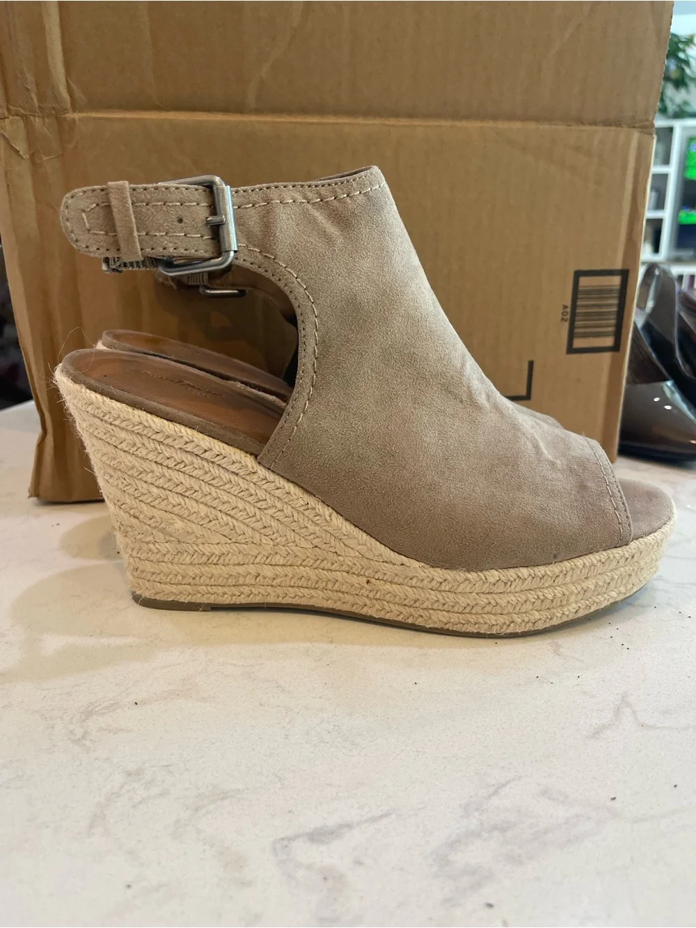 Taupe Open-Toe Suede Wedge Sandals with Ankle Strap